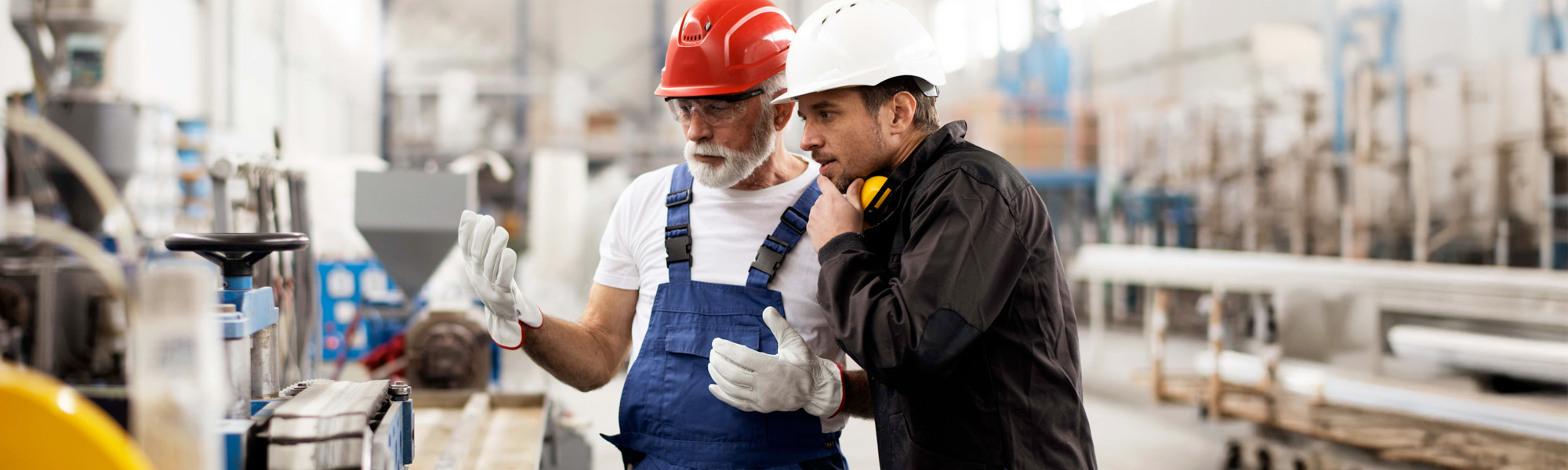 portrait of workers in factory. colleagues with helmet working in factory