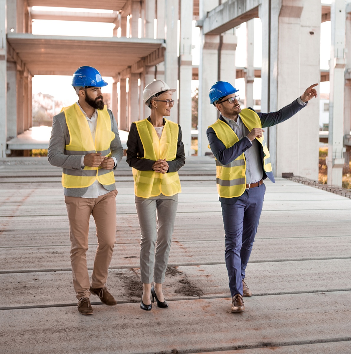 construction workers pointing